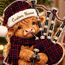 ScotsTee Shop Scottish Broun Tartan Highland Cow Bagpiper Christmas Ornament