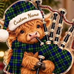 ScotsTee Shop Scottish Allardice Tartan Highland Cow Bagpiper Christmas Ornament
