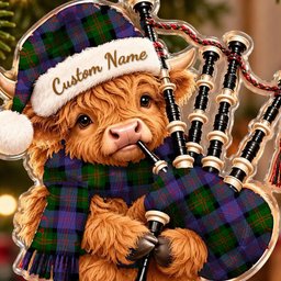 ScotsTee Shop Scottish Blair Modern Tartan Highland Cow Bagpiper Christmas Ornament