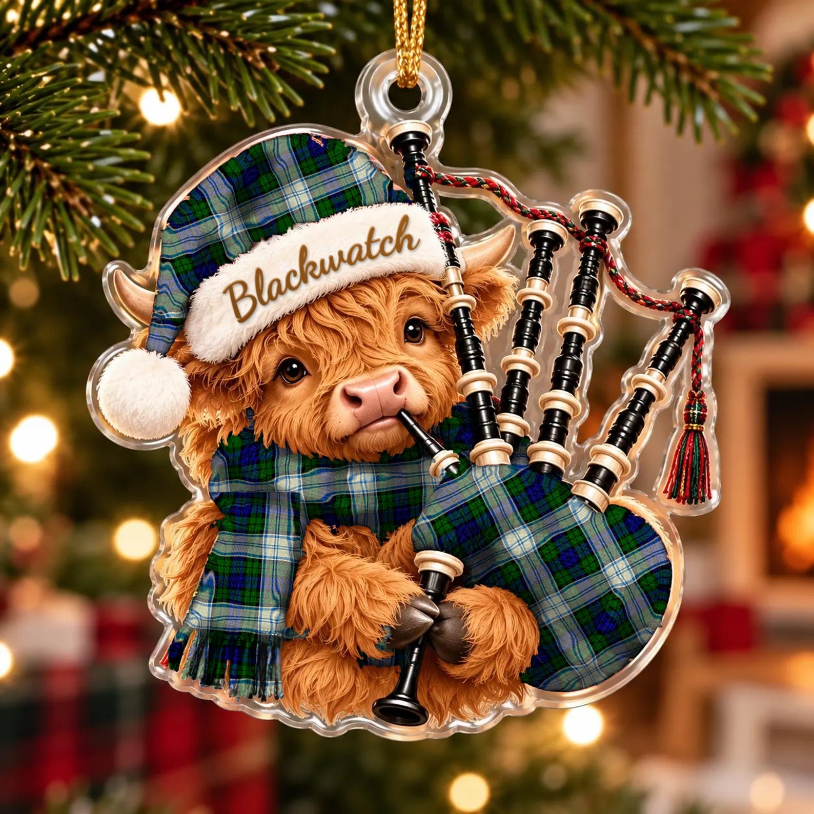 ScotsTee Shop Scottish Blackwatch Dress Modern Tartan Highland Cow Bagpiper Christmas Ornament