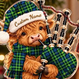 ScotsTee Shop Scottish Campbell Of Breadalbane Ancient Tartan Highland Cow Bagpiper Christmas Ornament