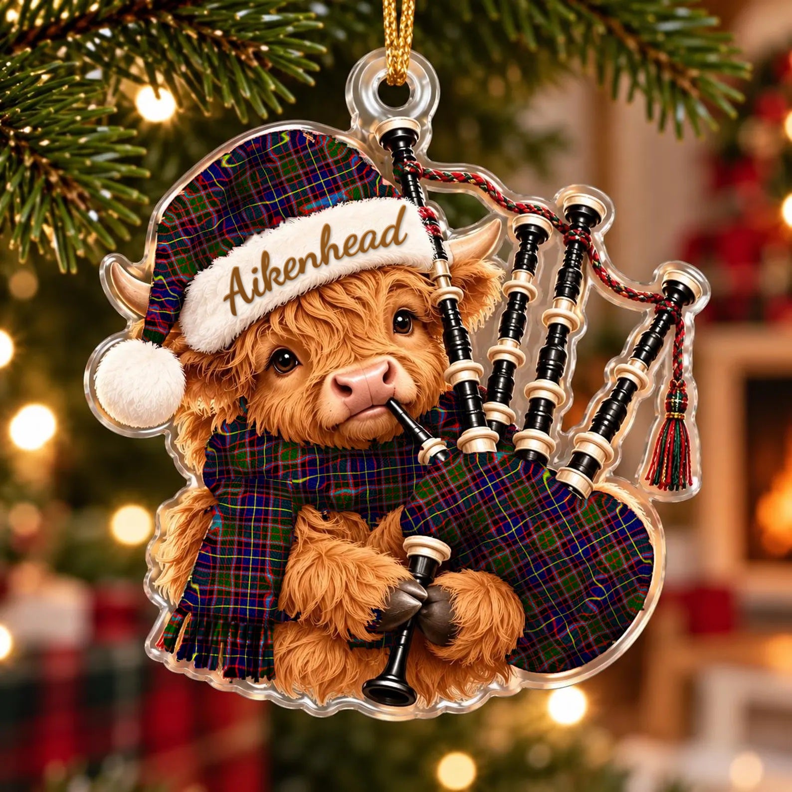 ScotsTee Shop Scottish Aikenhead Tartan Highland Cow Bagpiper Christmas Ornament