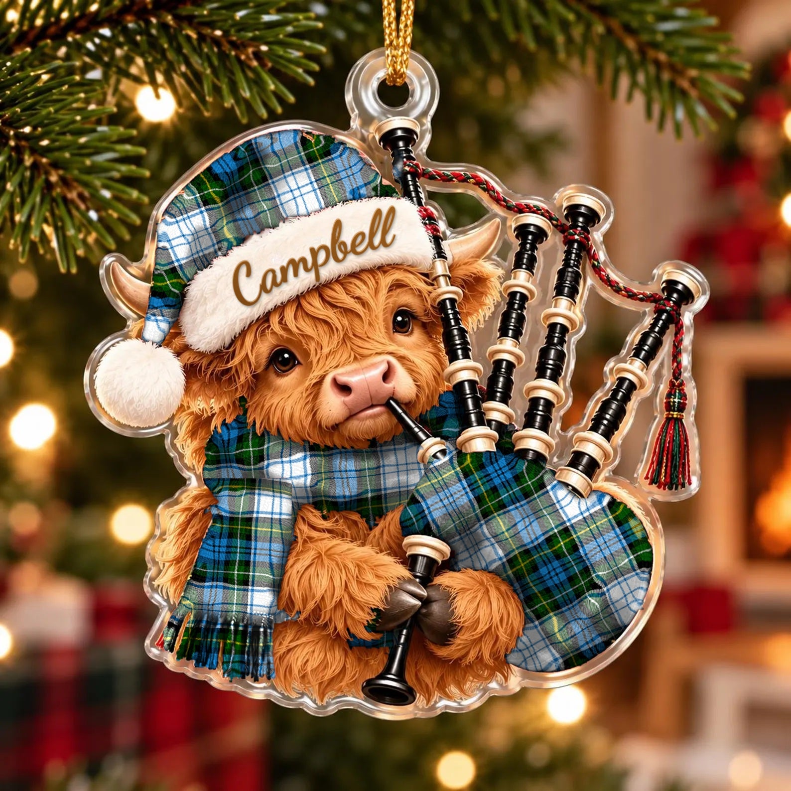 ScotsTee Shop Scottish Campbell Dress Tartan Highland Cow Bagpiper Christmas Ornament