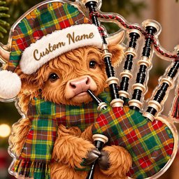 ScotsTee Shop Scottish Buchanan Old Sett Tartan Highland Cow Bagpiper Christmas Ornament