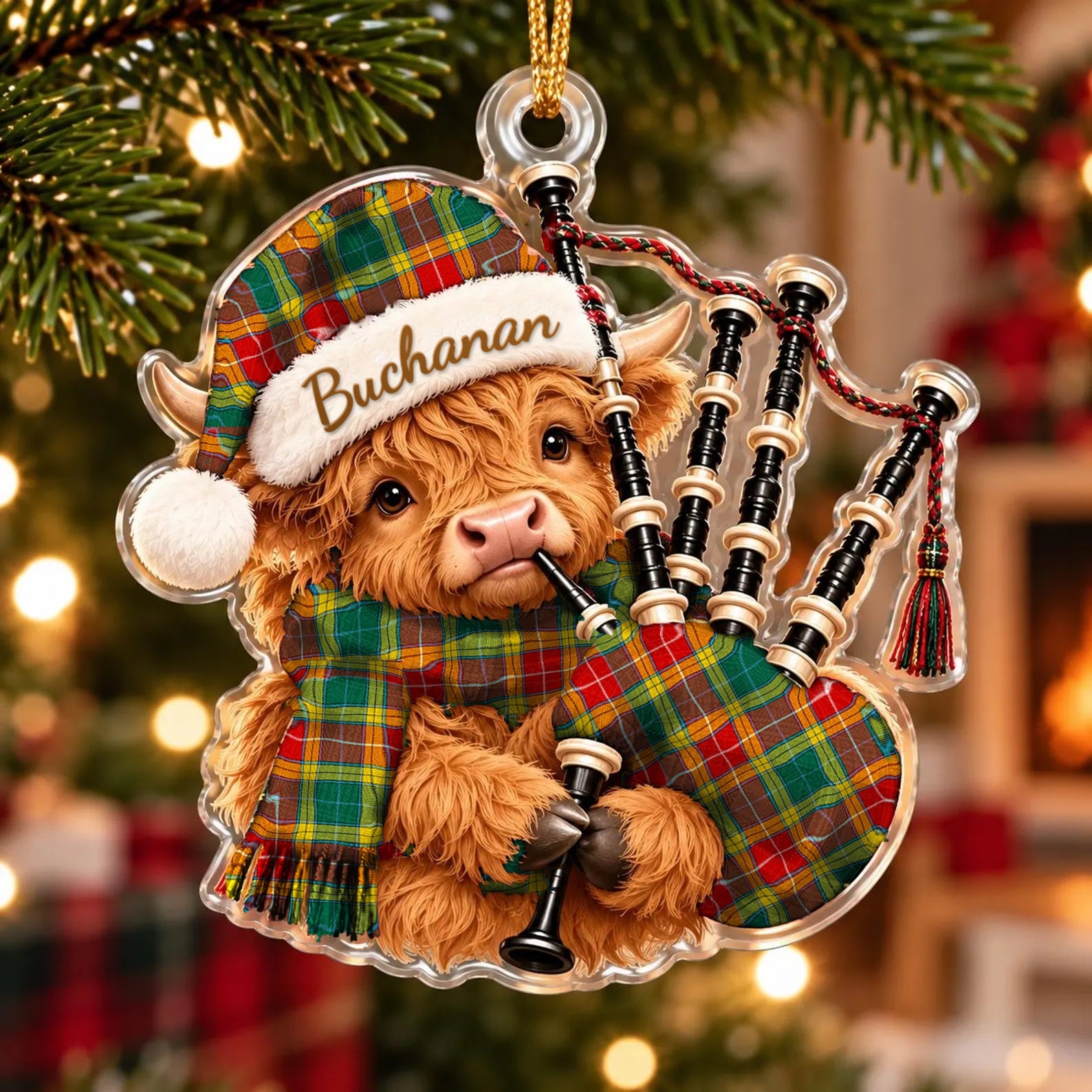 ScotsTee Shop Scottish Buchanan Old Sett Tartan Highland Cow Bagpiper Christmas Ornament