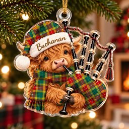 ScotsTee Shop Scottish Buchanan Old Sett Tartan Highland Cow Bagpiper Christmas Ornament