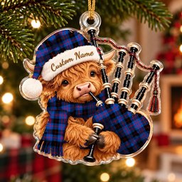 ScotsTee Shop Scottish Angus Modern Tartan Highland Cow Bagpiper Christmas Ornament