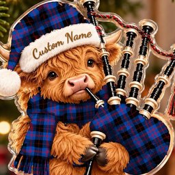 ScotsTee Shop Scottish Angus Modern Tartan Highland Cow Bagpiper Christmas Ornament