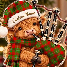 ScotsTee Shop Scottish Callander Modern Tartan Highland Cow Bagpiper Christmas Ornament