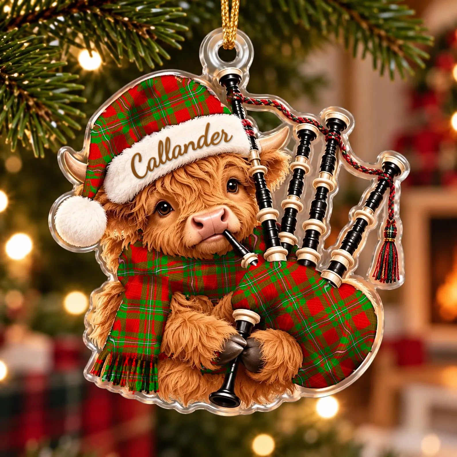 ScotsTee Shop Scottish Callander Modern Tartan Highland Cow Bagpiper Christmas Ornament