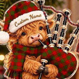 ScotsTee Shop Scottish Dewar Tartan Highland Cow Bagpiper Christmas Ornament
