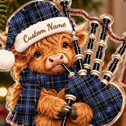 ScotsTee Shop Scottish Clark 1 Tartan Highland Cow Bagpiper Christmas Ornament