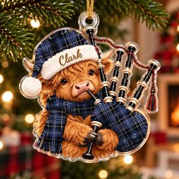 ScotsTee Shop Scottish Clark 1 Tartan Highland Cow Bagpiper Christmas Ornament