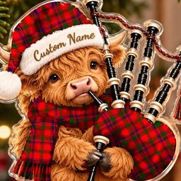 ScotsTee Shop Scottish Bain Tartan Highland Cow Bagpiper Christmas Ornament