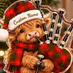 ScotsTee Shop Scottish Cameron Modern Tartan Highland Cow Bagpiper Christmas Ornament