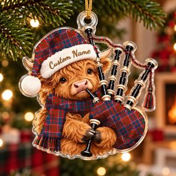 ScotsTee Shop Scottish Cameron Of Lochiel Ancient Tartan Highland Cow Bagpiper Christmas Ornament