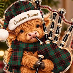 ScotsTee Shop Scottish Buchan Ancient Tartan Highland Cow Bagpiper Christmas Ornament