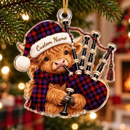 ScotsTee Shop Scottish Brown Modern Tartan Highland Cow Bagpiper Christmas Ornament