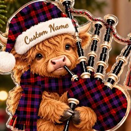 ScotsTee Shop Scottish Brown Modern Tartan Highland Cow Bagpiper Christmas Ornament