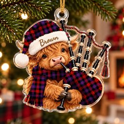 ScotsTee Shop Scottish Brown Modern Tartan Highland Cow Bagpiper Christmas Ornament
