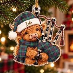 ScotsTee Shop Scottish Isle Of Skye Tartan Highland Cow Bagpiper Christmas Ornament