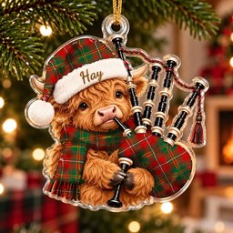 ScotsTee Shop Scottish Hay Ancient Tartan Highland Cow Bagpiper Christmas Ornament