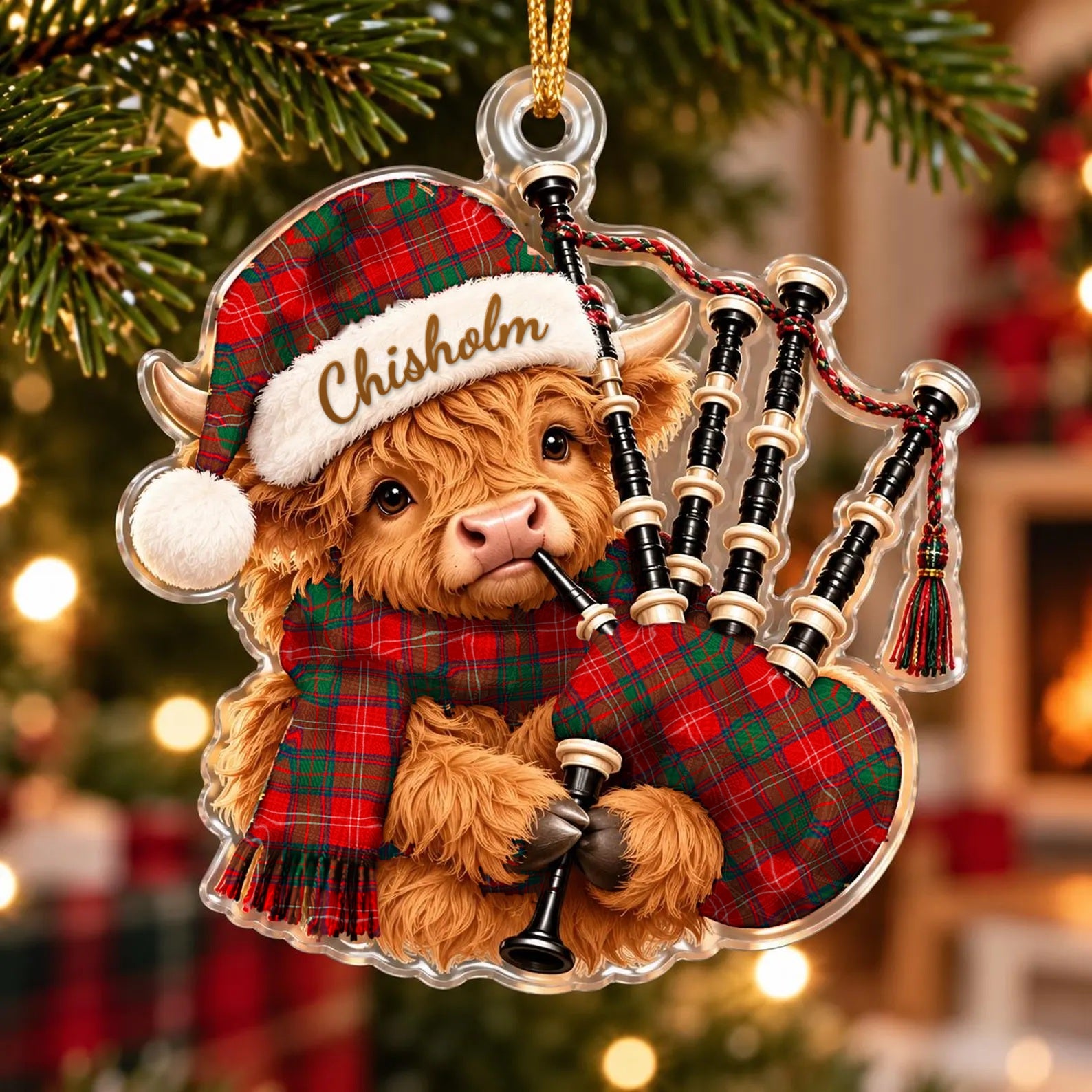 ScotsTee Shop Scottish Chisholm Modern Tartan Highland Cow Bagpiper Christmas Ornament