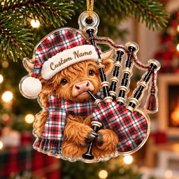 ScotsTee Shop Scottish Glasgow District Tartan Highland Cow Bagpiper Christmas Ornament
