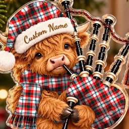 ScotsTee Shop Scottish Glasgow District Tartan Highland Cow Bagpiper Christmas Ornament