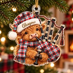 ScotsTee Shop Scottish Glasgow District Tartan Highland Cow Bagpiper Christmas Ornament