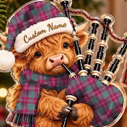ScotsTee Shop Scottish Crawford Ancient Tartan Highland Cow Bagpiper Christmas Ornament