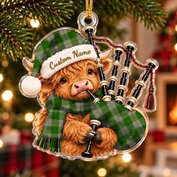 ScotsTee Shop Scottish Cunningham Dress Green Dancers Tartan Highland Cow Bagpiper Christmas Ornament