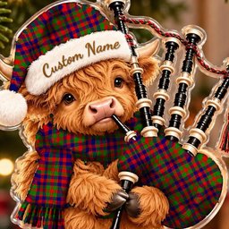 ScotsTee Shop Scottish Gow Or Mcgouan Tartan Highland Cow Bagpiper Christmas Ornament