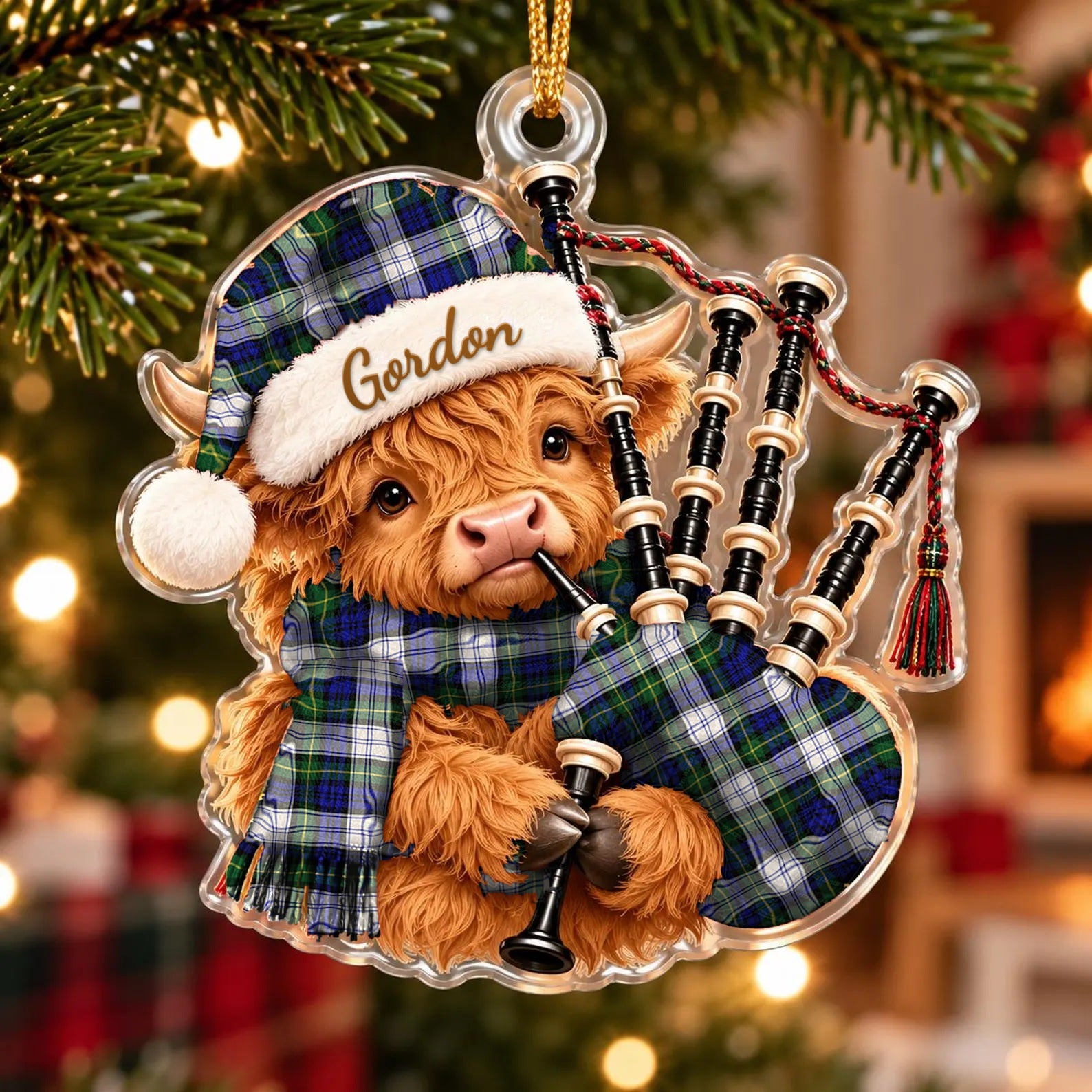 ScotsTee Shop Scottish Gordon Dress Modern Tartan Highland Cow Bagpiper Christmas Ornament