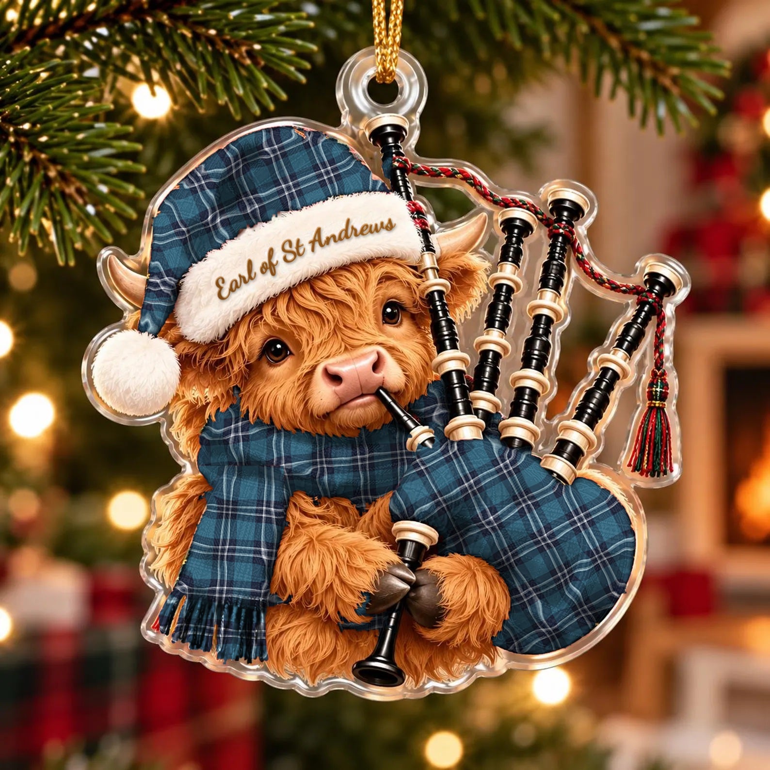 ScotsTee Shop Scottish Earl Of St Andrews Tartan Highland Cow Bagpiper Christmas Ornament