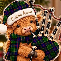 ScotsTee Shop Scottish Forsyth Modern Tartan Highland Cow Bagpiper Christmas Ornament
