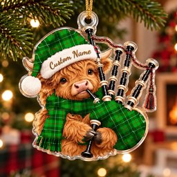 ScotsTee Shop Scottish Galloway District Tartan Highland Cow Bagpiper Christmas Ornament