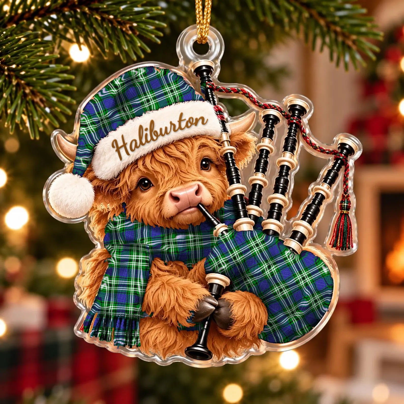 ScotsTee Shop Scottish Haliburton Tartan Highland Cow Bagpiper Christmas Ornament