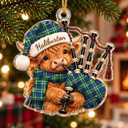 ScotsTee Shop Scottish Haliburton Tartan Highland Cow Bagpiper Christmas Ornament