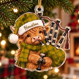 ScotsTee Shop Scottish Houston Tartan Highland Cow Bagpiper Christmas Ornament