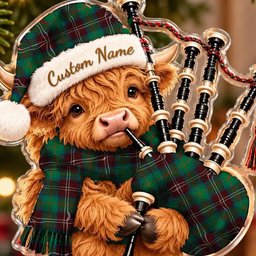 ScotsTee Shop Scottish Chisholm Hunting Ancient Tartan Highland Cow Bagpiper Christmas Ornament