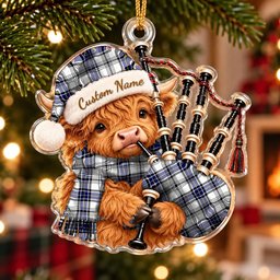 ScotsTee Shop Scottish Hannay Tartan Highland Cow Bagpiper Christmas Ornament