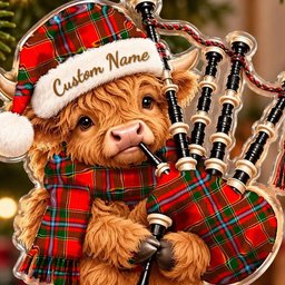 ScotsTee Shop Scottish Drummond Of Perth Tartan Highland Cow Bagpiper Christmas Ornament