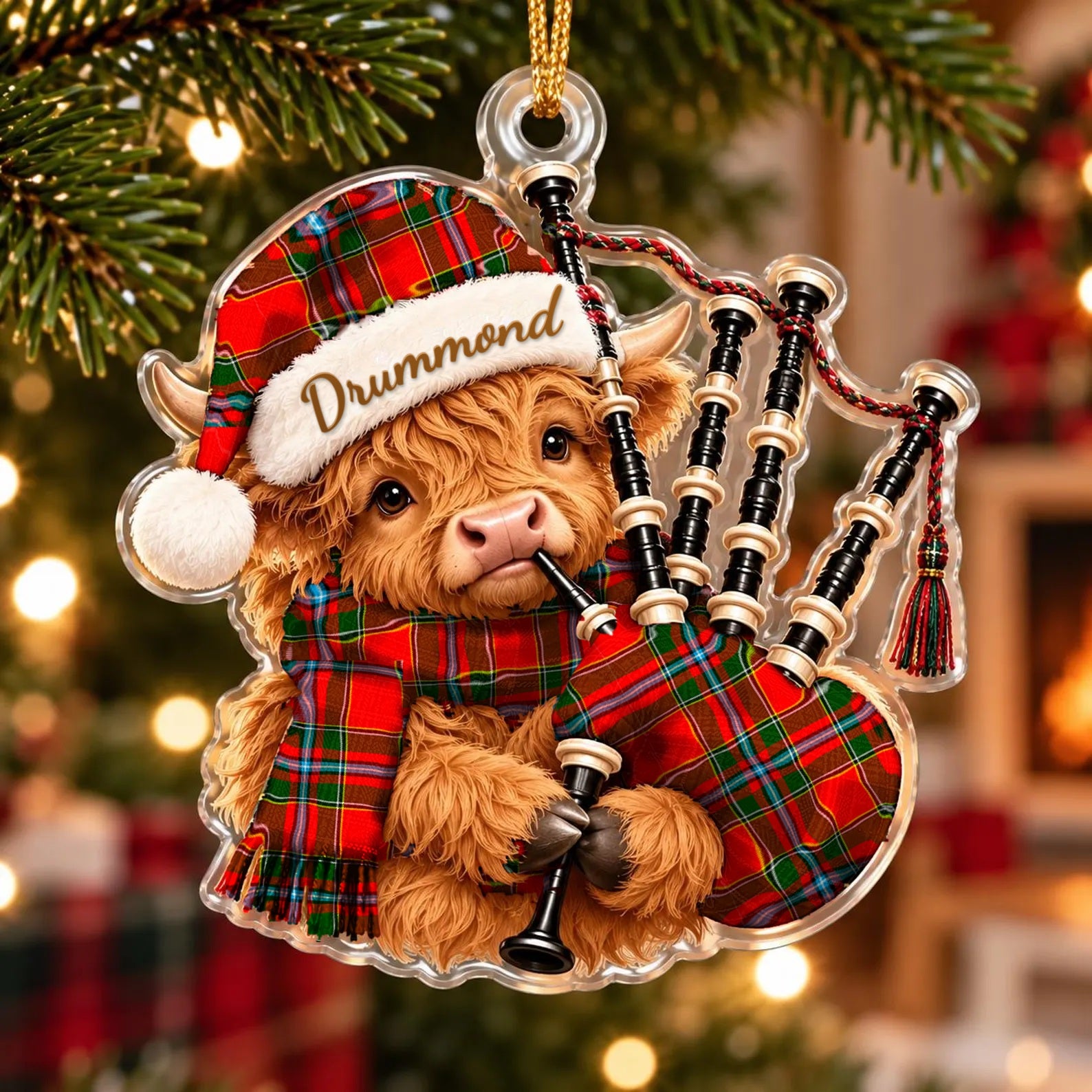 ScotsTee Shop Scottish Drummond Of Perth Tartan Highland Cow Bagpiper Christmas Ornament