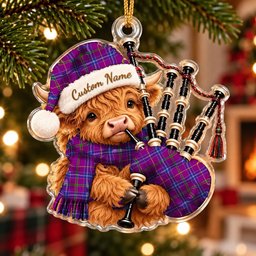 ScotsTee Shop Scottish Jackson Tartan Highland Cow Bagpiper Christmas Ornament