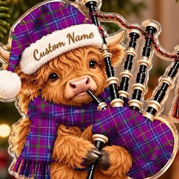 ScotsTee Shop Scottish Jackson Tartan Highland Cow Bagpiper Christmas Ornament