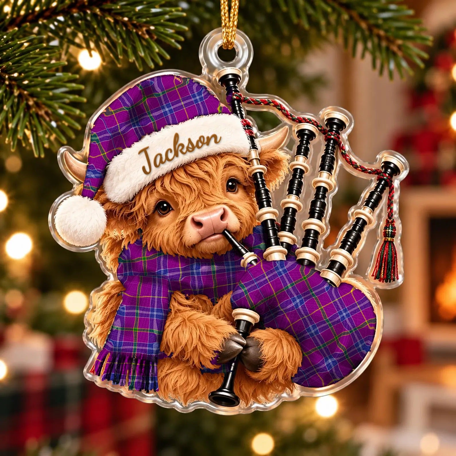 ScotsTee Shop Scottish Jackson Tartan Highland Cow Bagpiper Christmas Ornament