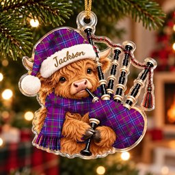 ScotsTee Shop Scottish Jackson Tartan Highland Cow Bagpiper Christmas Ornament