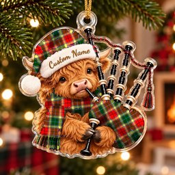 ScotsTee Shop Scottish Gibbs Tartan Highland Cow Bagpiper Christmas Ornament