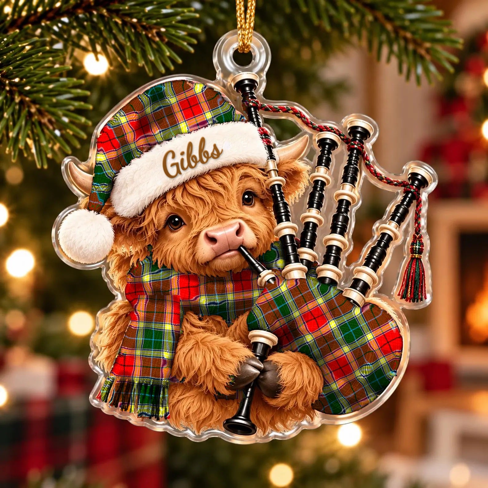 ScotsTee Shop Scottish Gibbs Tartan Highland Cow Bagpiper Christmas Ornament